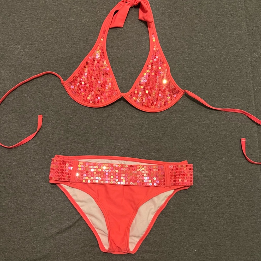 Hot pink/coral Sequin Bikini Set